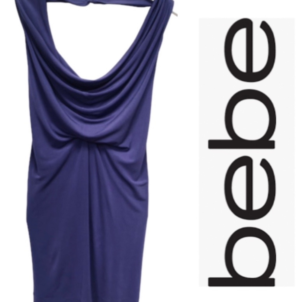 5/$40 bebe Purple Mini Halter Dress Size Medium with Draped Cowl Neckline
